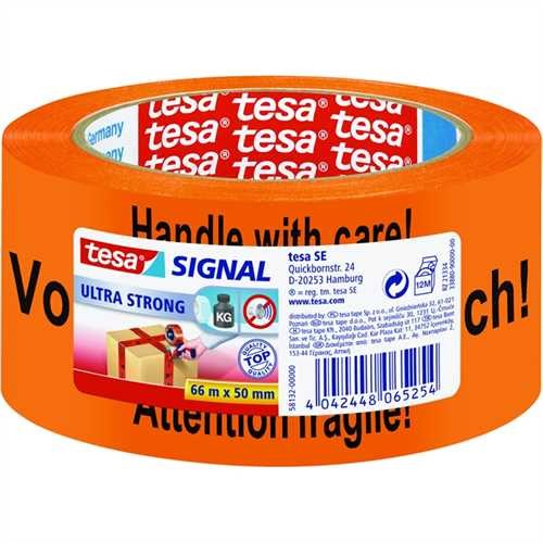 tesa Klebeband, Vorsicht Glas nicht werfen ..., PVC, selbstklebend, 50 mm x 66 m, orange, Druckfarbe