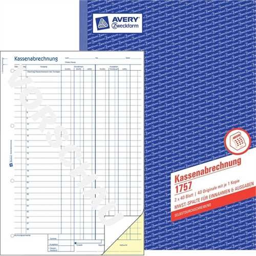 AVERY ZWECKFORM 1757 - Kassenabrechnung für Einnahmen/Ausgaben, A4 hoch, 2fach, selbstdurchschreiben