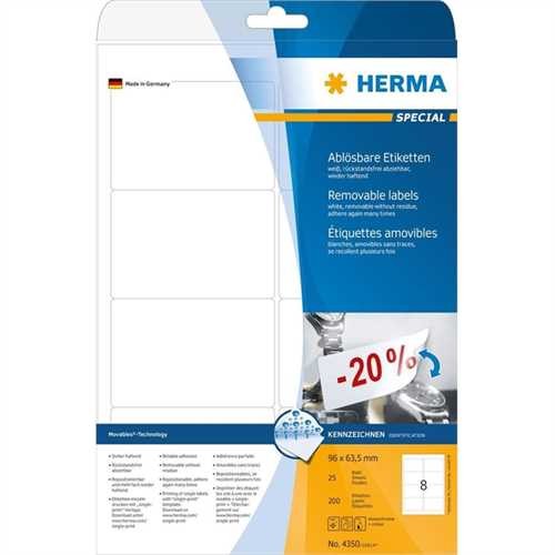 HERMA Etikett, Inkjet/Laser/Kopierer, selbstklebend, ablösbar, abgerundete Ecken, 96 x 63,5 mm, weiß