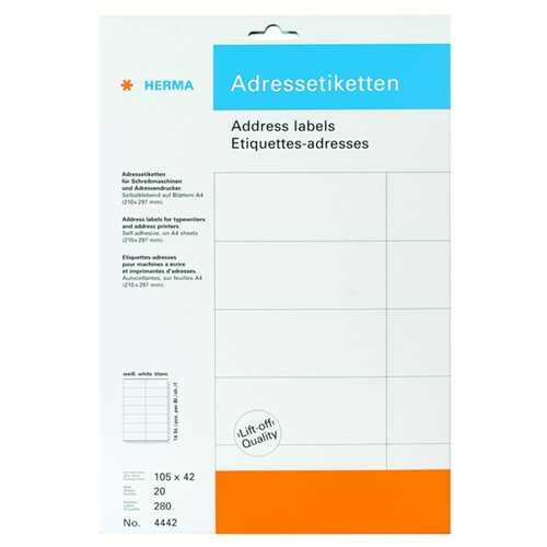 HERMA Adressetikett, Schreibmaschine, auf A4-Bogen, selbstklebend, spitze Ecken, 105 x 42 mm, weiß,