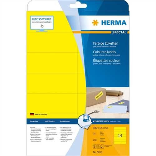 HERMA Etikett, Inkjet/Laser/Kopierer, selbstklebend, 105 x 42,3 mm, gelb (280 Stück)