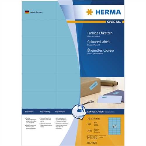 HERMA Etikett, Inkjet/Laser/Kopierer, selbstklebend, 70 x 37 mm, blau (2.400 Stück)