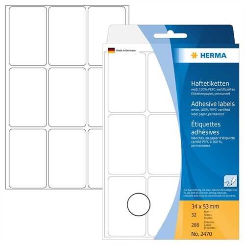 HERMA Etikett, Handbeschriftung, auf Bogen, selbstklebend, Spezialpapier, 34 x 53 mm, weiß (288 Stüc