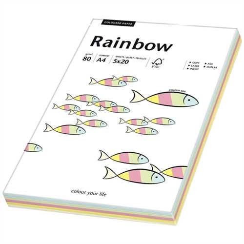 Rainbow Multifunktionspapier, A4, 80 g/m², 5farbig sortiert, pastell, 5 x 20 Blatt (100 Blatt)