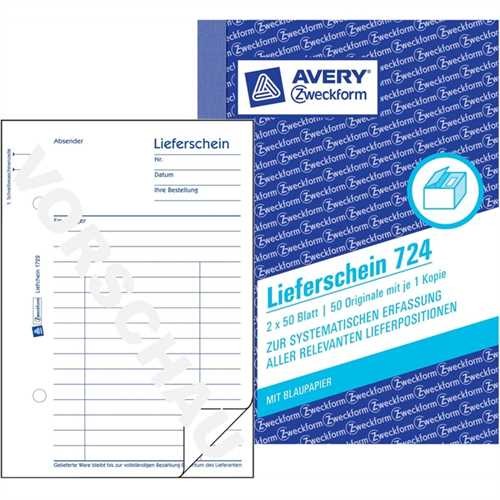 AVERY ZWECKFORM 724 - Lieferschein, Karton, A6 hoch, 1. / 2. Blatt bedruckt, Einbandfarbe: Blau, 2x5