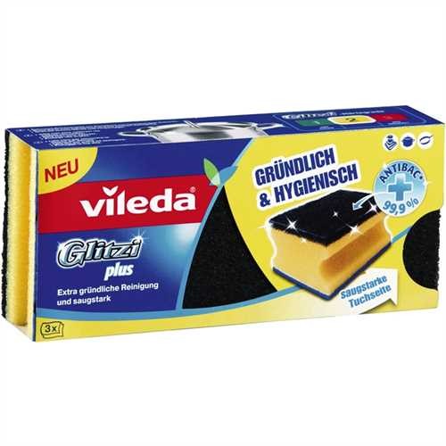 vileda Reinigungsschwamm Glitzi Plus mit Antibac, mit Griffrille, 9 x 7 x 4,5 cm, schwarz/gelb/blau