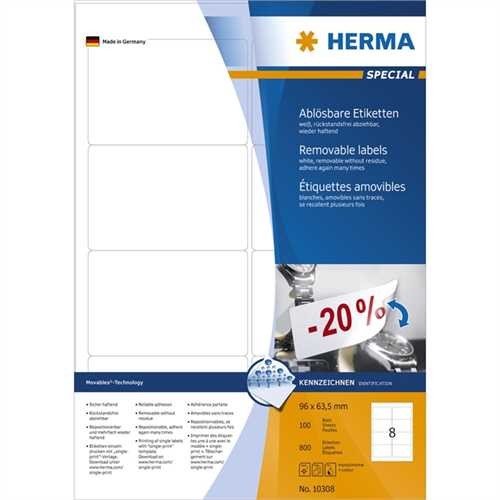 HERMA Etikett, Inkjet/Laser/Kopierer, selbstklebend, ablösbar, abgerundete Ecken, 96 x 63,5 mm, weiß