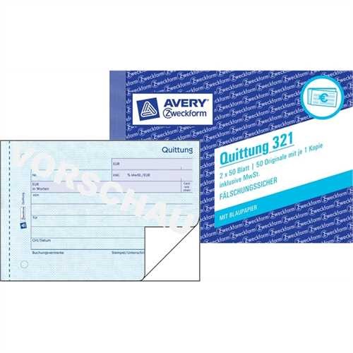 AVERY ZWECKFORM 321 - Quittung inklusive MwSt., A6 quer, 2fach, Blau, 1. Blatt bedruckt, 2x50 Blätte