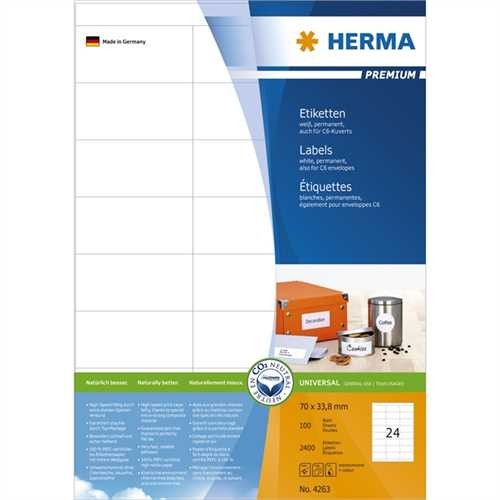 HERMA Etikett, Inkjet/Laser/Kopierer, selbstklebend, 70 x 33,8 mm, weiß (2.400 Stück)