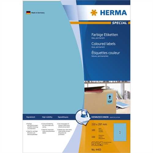 HERMA Etikett, Inkjet/Laser/Kopierer, selbstklebend, 210 x 297 mm, blau (100 Stück)