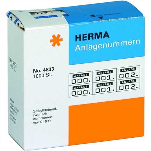 HERMA Anlagenummer, 0 - 999, Kartonspender, selbstklebend, Papier, 22 x 15 mm, weiß, Druckfarbe: dun