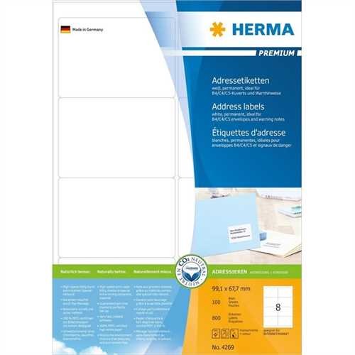 HERMA Etikett, Inkjet/Laser/Kopierer, selbstklebend, abgerundete Ecken, 99,1 x 67,7 mm, weiß (800 St