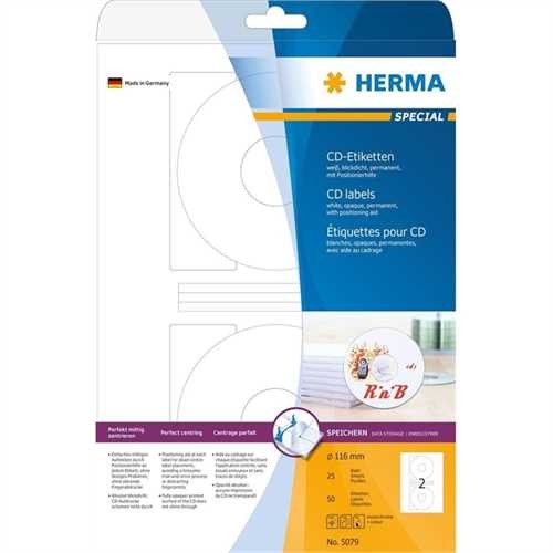 HERMA Etikett, CDs/DVDs, Inkjet/Laser/Kopierer, selbstklebend, Loch 41 mm, Ø: 116 mm, weiß (50 Stück