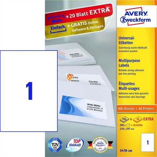 Avery Zweckform 3478-200 Universal-Etiketten - 210 x 297 mm, weiß, 220 Etikette