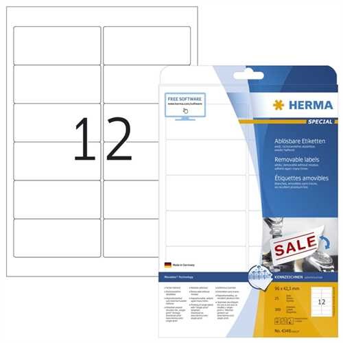 HERMA Etikett, Inkjet/Laser/Kopierer, selbstklebend, ablösbar, abgerundete Ecken, 96 x 42,3 mm, weiß