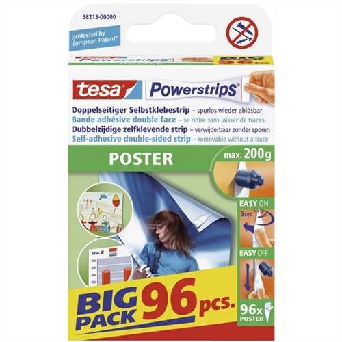 tesa Doppelklebestück Powerstrips Poster, selbstklebend, ablösbar, 20 x 40 mm (96 Stück)