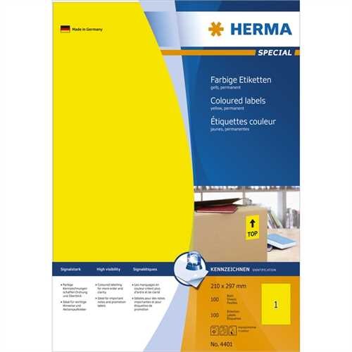 HERMA Etikett, Inkjet/Laser/Kopierer, selbstklebend, 210 x 297 mm, gelb (100 Stück)