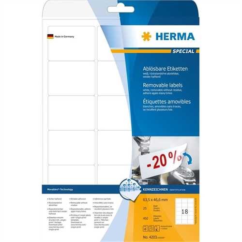 HERMA Etikett, Inkjet/Laser/Kopierer, selbstklebend, ablösbar, abgerundete Ecken, 63,5 x 46,6 mm, we