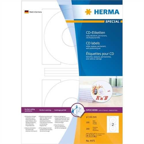 HERMA Etikett, CDs/DVDs, Inkjet/Laser/Kopierer, selbstklebend, Loch 41 mm, Ø: 116 mm, weiß (200 Stüc