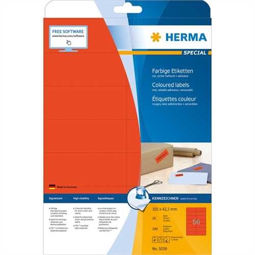 HERMA Etikett, Inkjet/Laser/Kopierer, selbstklebend, 105 x 42,3 mm, rot (280 Stück)