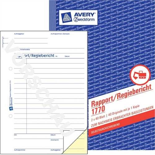 AVERY ZWECKFORM 1770 - Regiebericht, A5, 2fach, selbstdurchschreibend, 1. / 2. Blatt bedruckt, 2x40