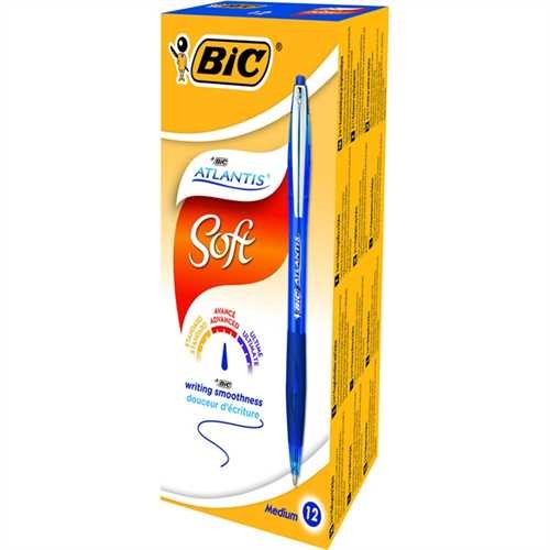 BIC Kugelschreiber ATLANTIS™ Soft, nachfüllbar, Druckmechanik, 0,4 mm, Schreibfarbe: blau (12 Stück)