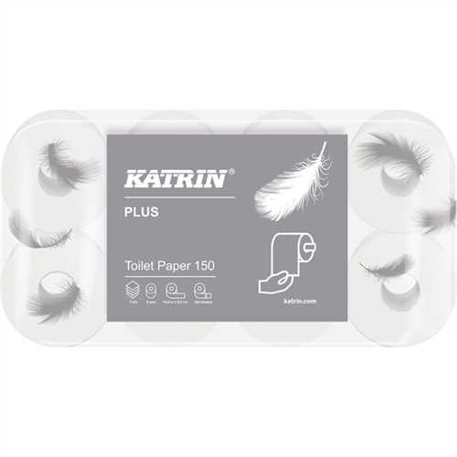 KATRIN Toilettenpapier Plus Toilet 150, 4lagig, auf Rolle, 150 Blatt, 6 x 8 Rollen, weiß (48 Rollen)