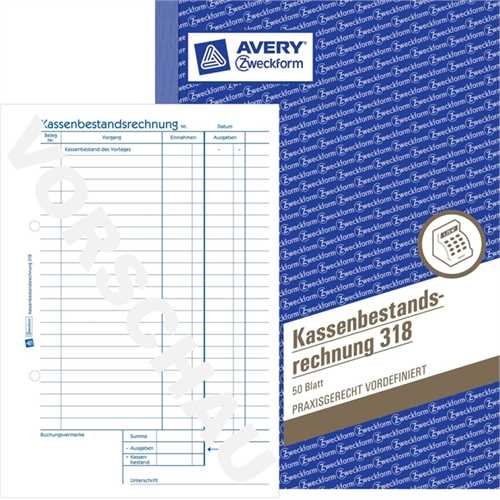 AVERY ZWECKFORM 318 - Kassenbericht, A5 hoch, Weiß, Einbandfarbe: Blau, 50 Blätter