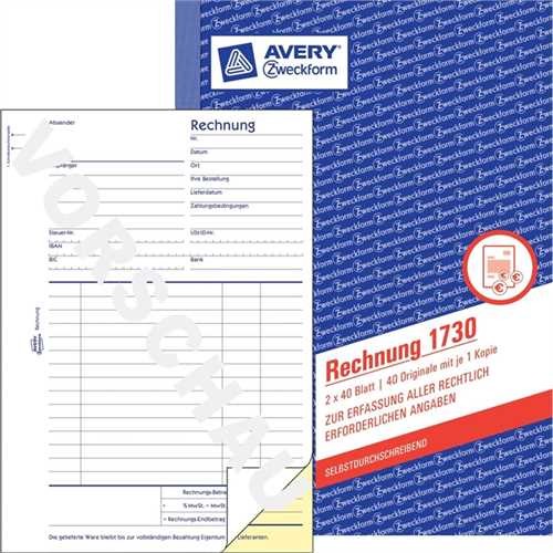 AVERY ZWECKFORM 1730 - Rechnung, Karton, A5 hoch, selbstdurchschreibend, 1. / 2. Blatt bedruckt, Ein