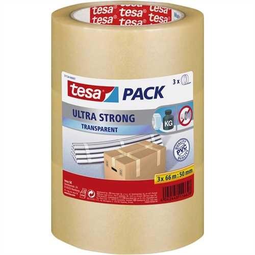 tesa Verpackungsklebeband ultra strong, PVC, selbstklebend, 50 mm x 66 m, transparent (3 Stück)