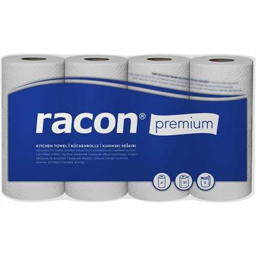 racon Küchenrolle PREMIUM, Zellstoff, 3lagig, 51 Blatt, 26 x 22 cm, weiß (4 Rollen)