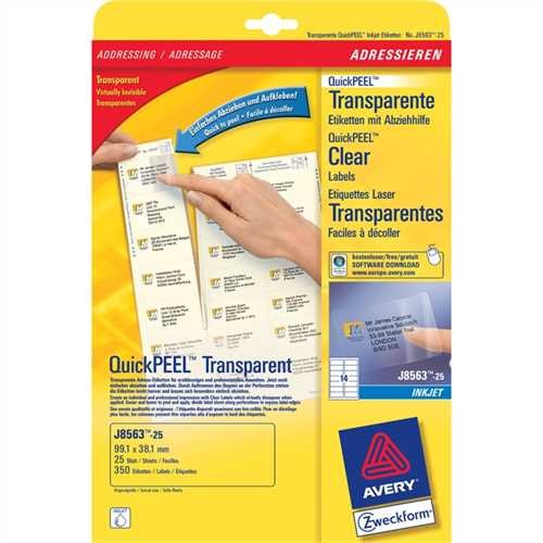 AVERY Zweckform Etikett, Inkjet, auf A4-Bogen, selbstklebend, Polyethylenfolie, 99,1 x 38,1 mm, tran