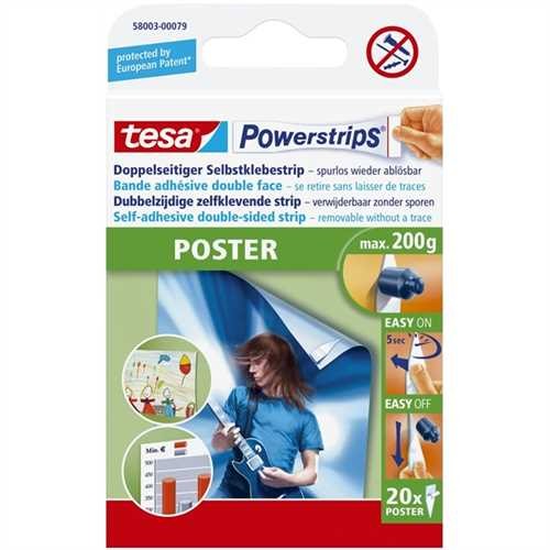 tesa Doppelklebestück Powerstrips Poster, selbstklebend, ablösbar, 20 x 40 mm (20 Stück)