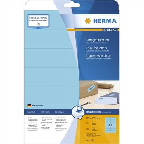 HERMA Etikett, Inkjet/Laser/Kopierer, selbstklebend, 105 x 42,3 mm, blau (280 Stück)