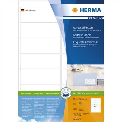 HERMA Etikett, Inkjet/Laser/Kopierer, selbstklebend, abgerundete Ecken, 99,1 x 38,1 mm, weiß (1.400