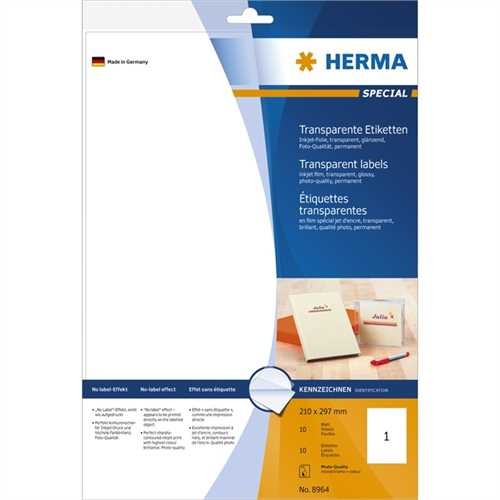 HERMA Etikett, Inkjet, auf A4-Bogen, selbstklebend, Polyesterfolie, 210 x 297 mm, transparent, glänz