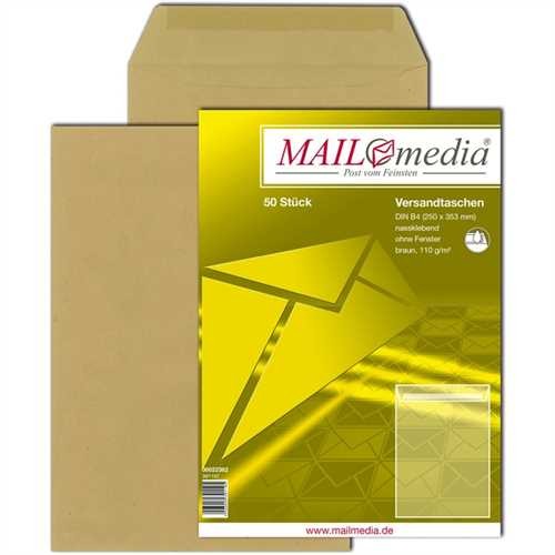 MAILmedia Versandtasche, ohne Fenster, gummiert, B4, 250 x 353 mm, 110 g/m², Natron, braun (50 Stück