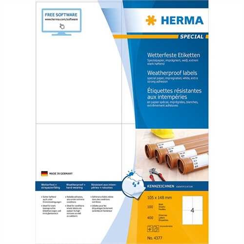 HERMA Etikett, wetterfest, Laser/Kopierer, auf A4-Bogen, selbstklebend, Spezialpapier, 105 x 148 mm,