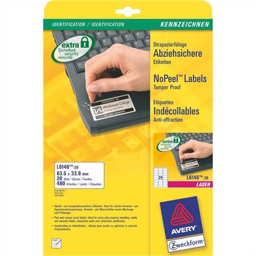 AVERY Zweckform Etikett NoPeel™, Laser, auf A4-Bogen, selbstklebend, permanent, Papier, 63,5 x 33,9