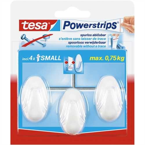 tesa Klebehaken Powerstrips Small, oval, selbstklebend, weiß, 3 Haken / 4 Strips (3 Stück)