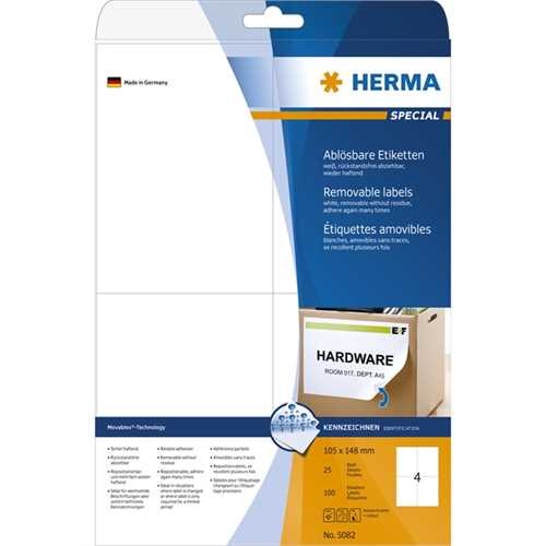 HERMA Etikett, Inkjet/Laser/Kopierer, selbstklebend, ablösbar, 105 x 148 mm, weiß (100 Stück)