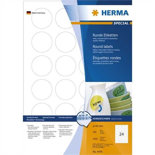 HERMA Etikett, Inkjet/Laser/Kopierer, selbstklebend, ablösbar, rund, Ø: 40 mm, weiß (2.400 Stück)