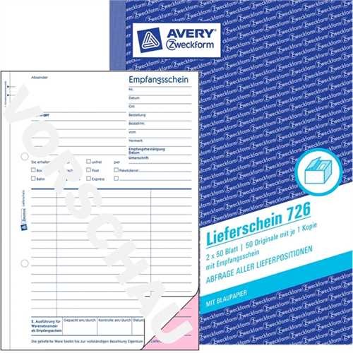 AVERY ZWECKFORM 726 - Liefer-/Empfangsschein, A5 hoch, 2fach, 1. / 2. Blatt bedruckt, Einbandfarbe: