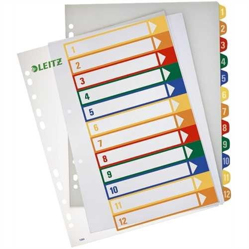 LEITZ Register, PP, 0,3 mm, 1 - 12, A4, volle Höhe, überbreit, 24,5 x 30,5 cm, 12 Blatt, grau