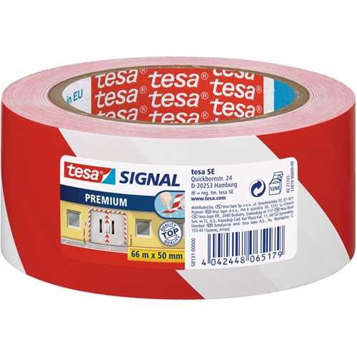 tesa Warnband Premium, diagonal gestreift, selbstklebend, 50 mm x 66 m, weiß/rot (1 Rolle)