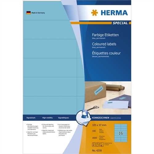 HERMA Etikett, Inkjet/Laser/Kopierer, selbstklebend, 105 x 37 mm, blau (1.600 Stück)