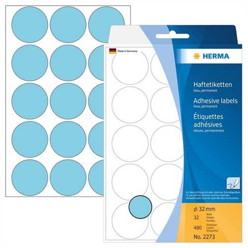 HERMA Markierungspunkt, Handbeschriftung, selbstklebend, Ø: 32 mm, blau (480 Stück)