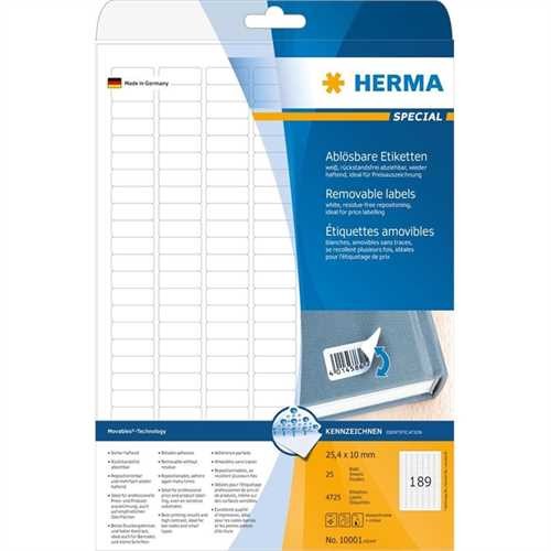 HERMA Etikett, Inkjet/Laser/Kopierer, selbstklebend, ablösbar, abgerundete Ecken, 25,4 x 10 mm, weiß