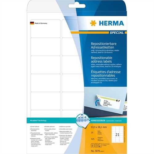 HERMA Etikett, Inkjet/Laser/Kopierer, selbstklebend, ablösbar, abgerundete Ecken, 63,5 x 38,1 mm, we