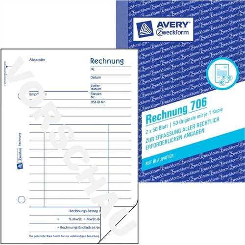 AVERY ZWECKFORM 706 - Rechnung, Karton, A6 hoch, Einbandfarbe: Blau, 2x50 Blätter